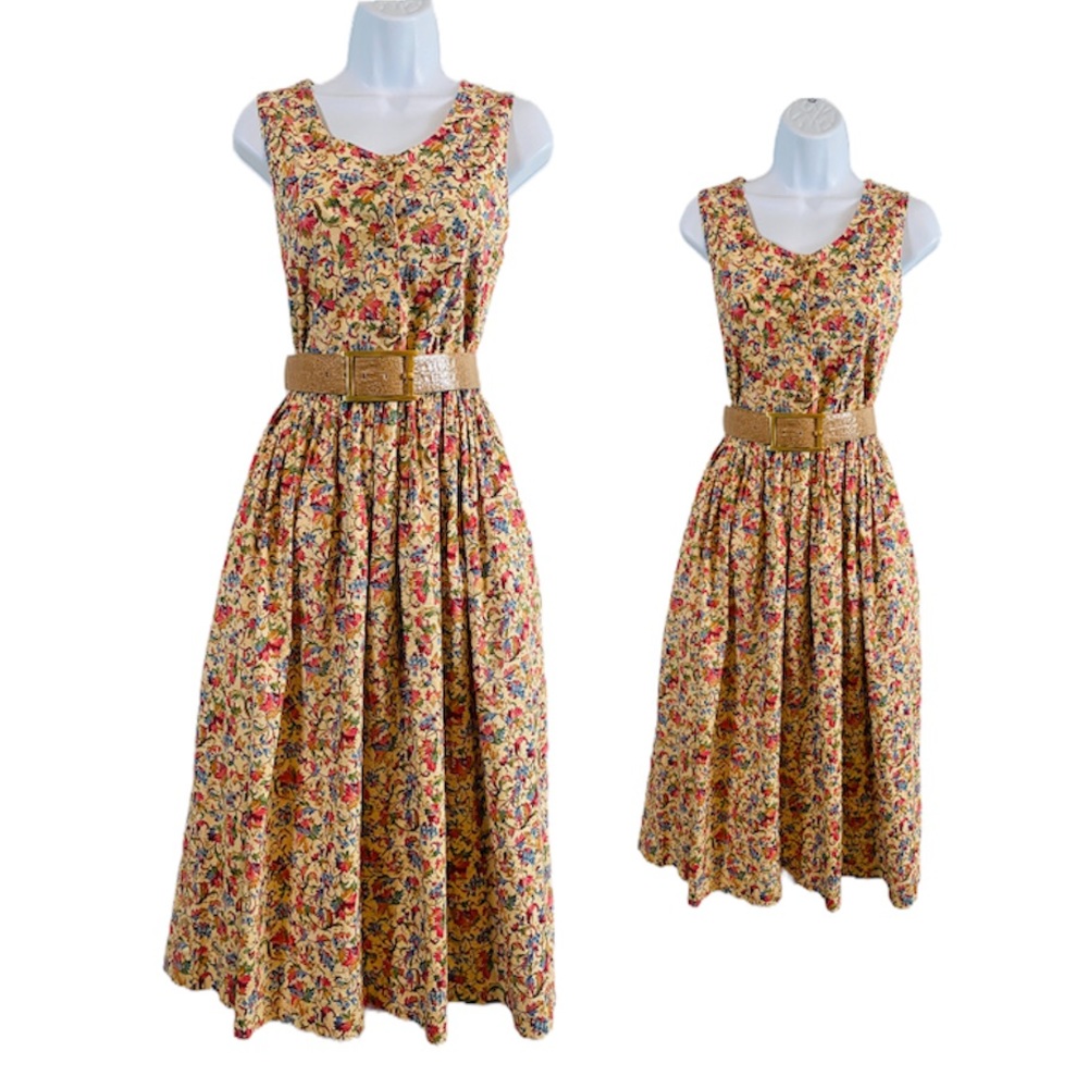 Gorgeous Vintage Multicolor Sleeveless Gathered Waist Button Bodice w Pockets